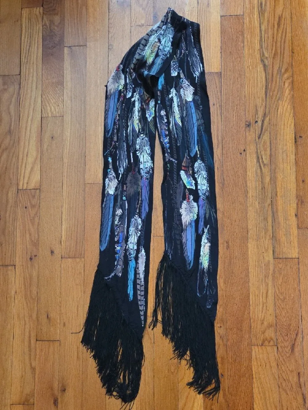 Black Feather Print Fringe Scarf - Women's Wrap